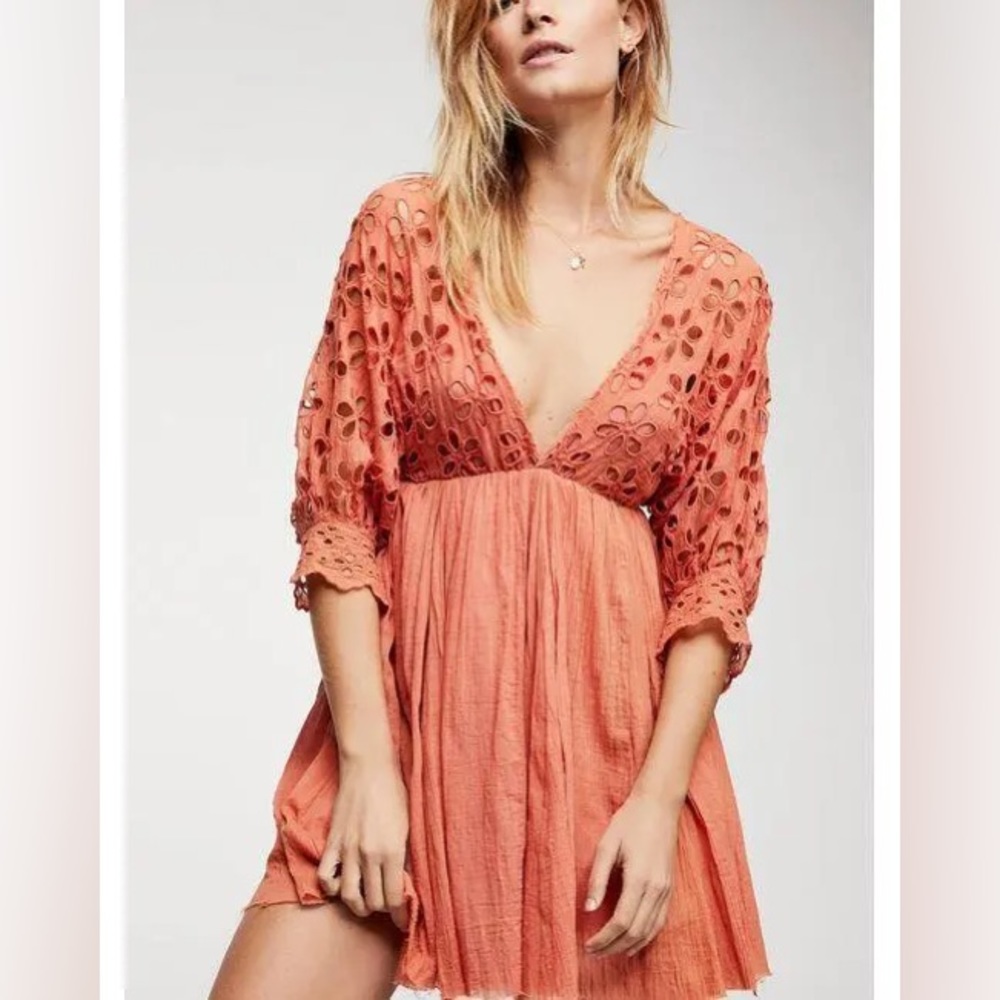 Free People Terra Cotta Bella Note Eyelet Dolman Gauzy Boho Mini Dress